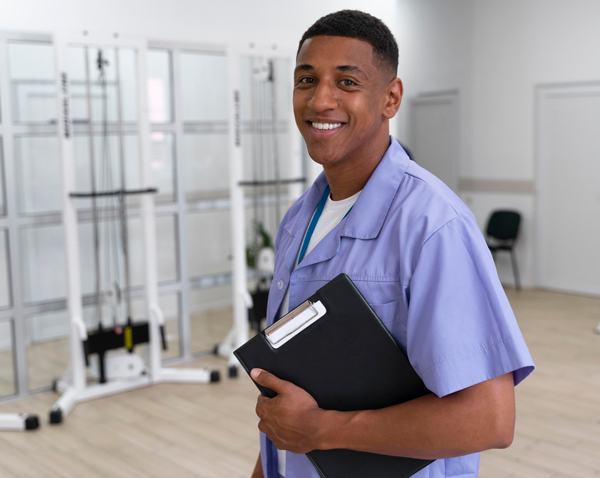 young male wearing lavendar colored scrubs smiles at camera while holding clipboard, fitness equipment in background 