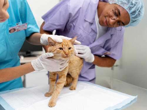 vet and vet tech wearing scrubs care for cat 