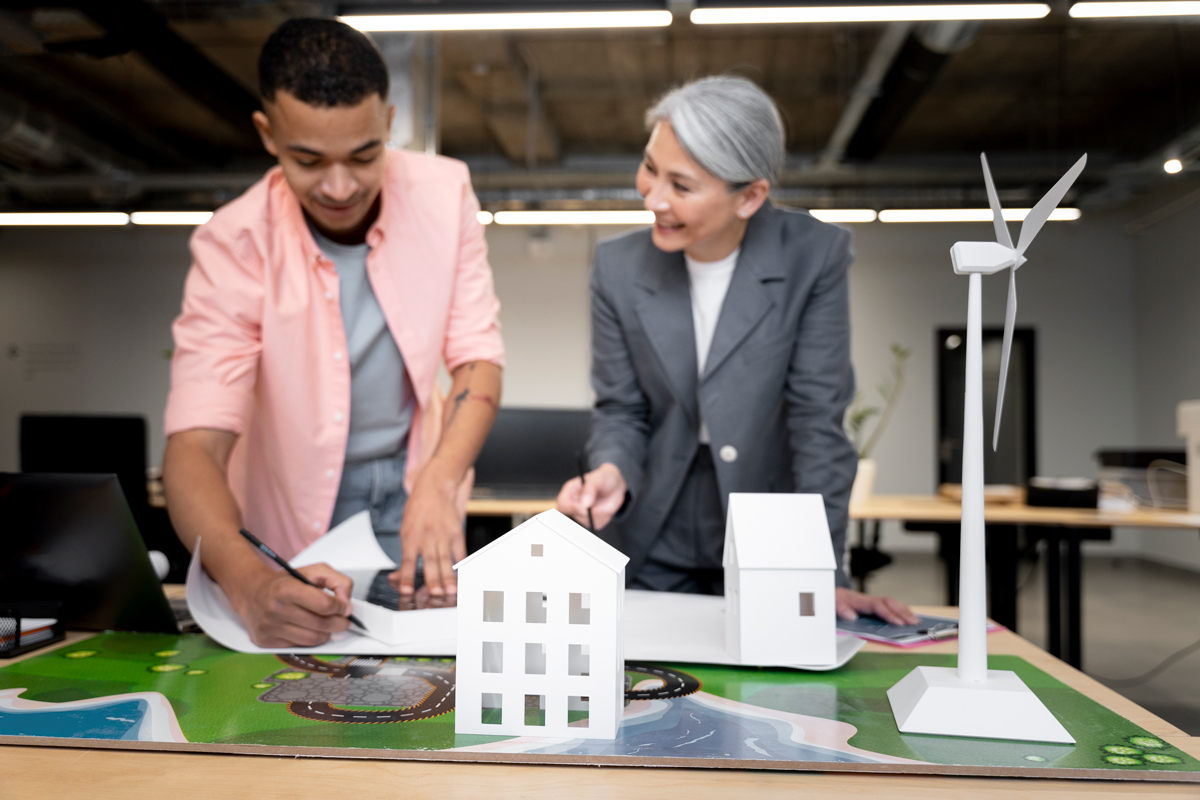 Image of older professional female and young professional male planning for alternative energies 