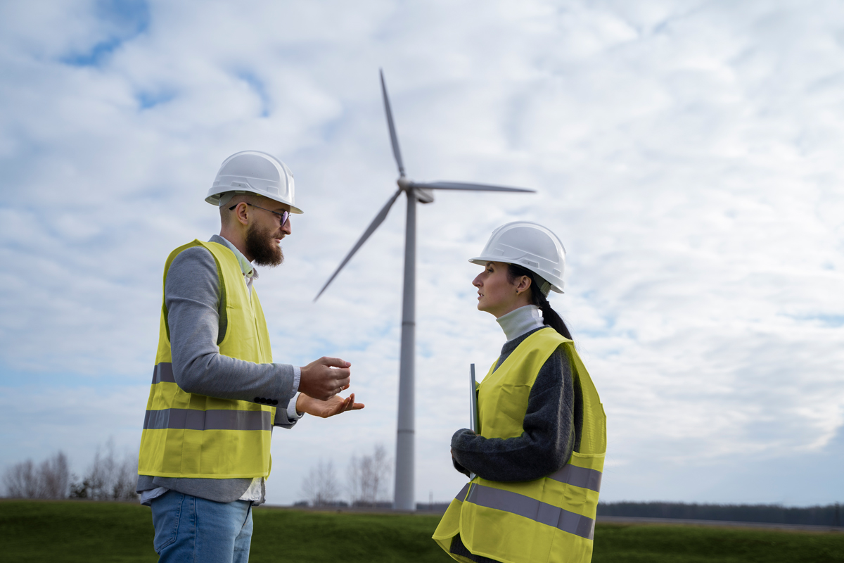 Male and young female wearing yellow vests and white hard hats talk with a windmill in the distance 