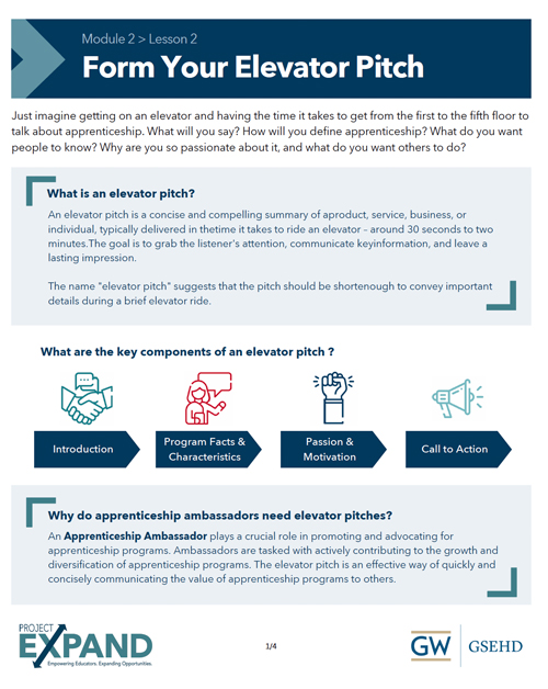 screenshot of Module 2 Lesson 2 handout titled "Form Your Elevator Pitch"