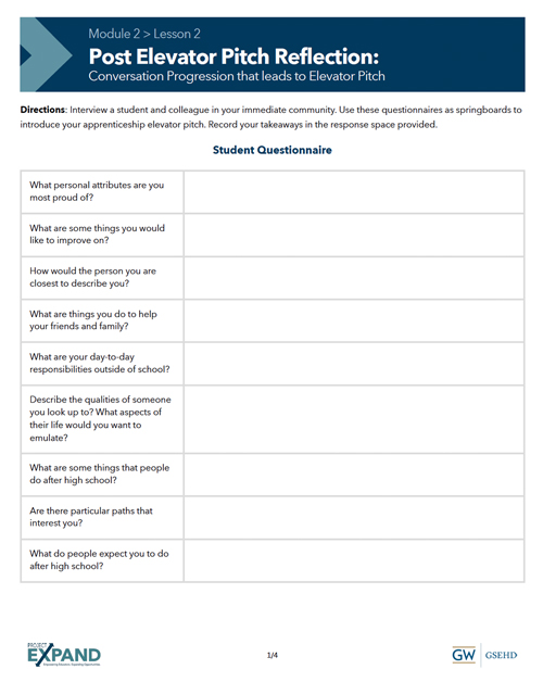 screenshot of Module 2 Lesson 2 handout 2 titled "Post Elevator Pitch Reflection"