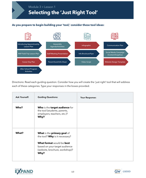 screenshot of Module 3, Lesson 1 handout "Selecting the Just Right Tool"