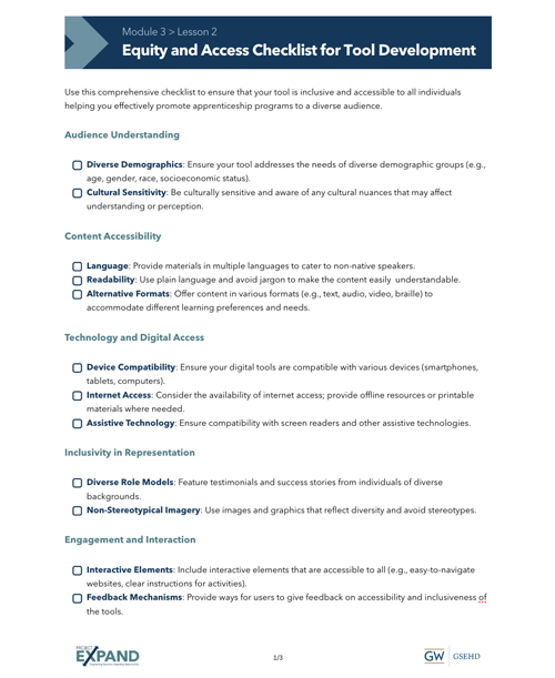 Screenshot of Module 3, Lesson 2 handout "Equity and Access Checklist for Tool Development"