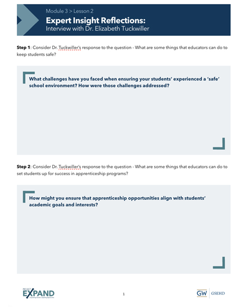 screenshot of Module 3, Lesson 2 handout "Expert Insight Reflections: Interview with Dr. Elizabeth Tuckwiller"