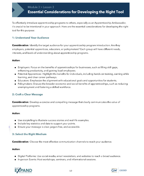 screenshot of Module 3, Lesson 3 handout "Essential Considerations for Developing the Right Tool"