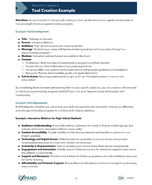 screenshot of Module 3, Lesson 3 handout "Tool Creation Example"