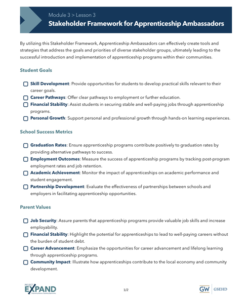 screenshot of Module 3, Lesson 3 handout "Stakeholder Framework for Apprenticeship Ambassadors"