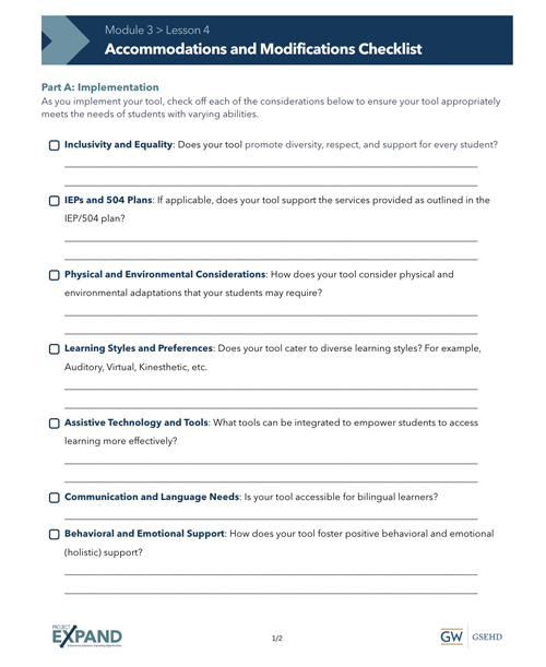 Screenshot of Module 3, Lesson 4 handout "Accommodations and Modifications Checklist"