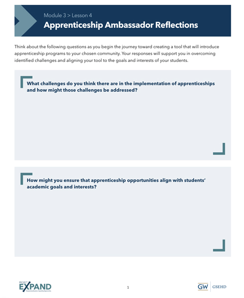 Screenshot of Module 3, Lesson 4 handout "Apprenticeship Ambassador Reflections"