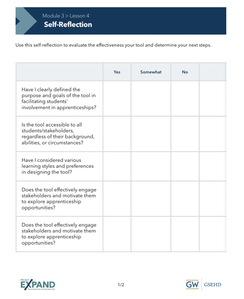 Screenshot of Module 3, Lesson 4 handout "Self-Reflection"