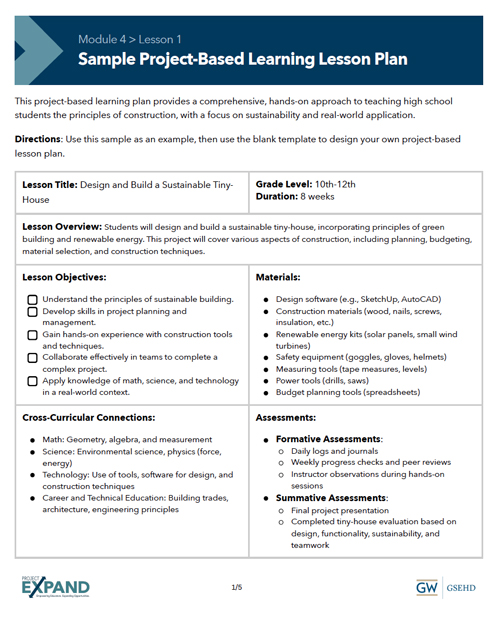Screenshot of Module 4, Lesson 1 handout "Sample Project-Based Learning Lesson Plan"