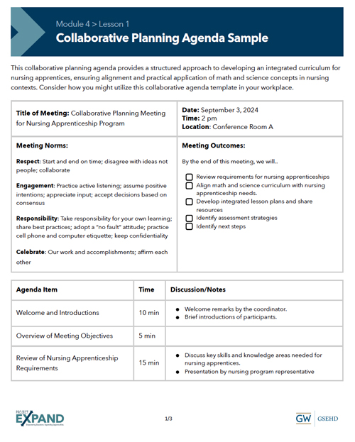 Screenshot of Module 4, Lesson 1 handout "Collaborative Planning Agenda Sample"
