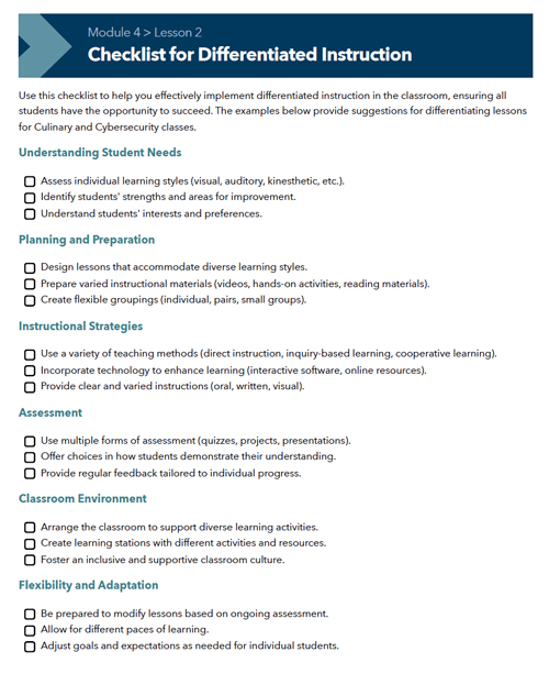 Screenshot of Module 4, Lesson 2 handout "Checklist for Differentiated Instruction"
