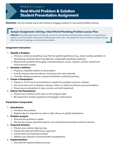 Screenshot of Module 4, Lesson 3 handout "Real-World Problem & Solution Student Presentation Assignment"