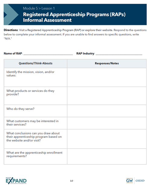 screenshot of Module 5, Lesson 1 handout "Registered Apprenticeship Programs (RAPs) Informal Assessment"
