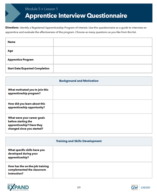 screenshot of Module 5, Lesson 1 handout "Apprentice Interview Questionnaire"