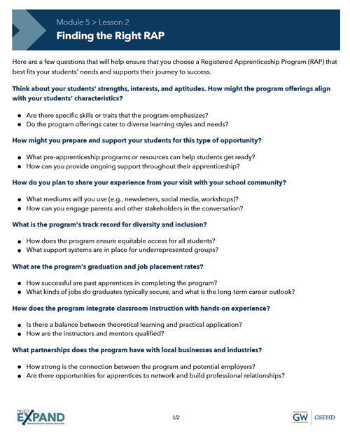 screenshot of Module 5, Lesson 2 handout "Finding the Right RAP"