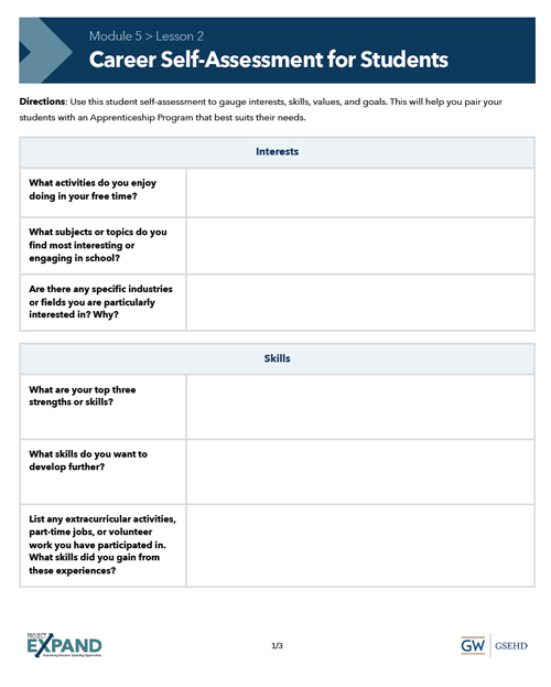 screenshot of Module 5, Lesson 2 handout "Career Self-Assessment for Students"