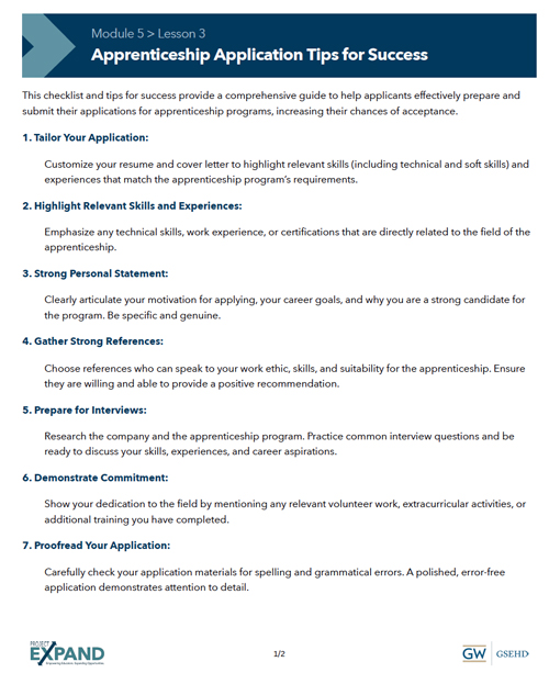 screenshot of Module 5, Lesson 3 handout "Apprenticeship Application Tips for Success"