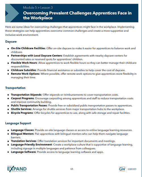 screenshot of Module 5, Lesson 3 handout "Overcoming Prevalent Challenges Apprentices Face in the Workplace"