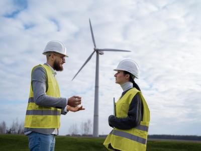 Male and young female wearing yellow vests and white hard hats talk with a windmill in the distance