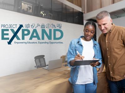 Project EXPAND logo overlayed on photo of high school aged female showing information on a tablet to a professional male in a conference room setting